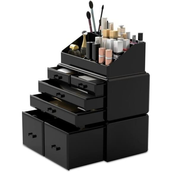 Black makeup organizer 3 piece set with drawers cosmetic storage case box - Picture 1 of 7